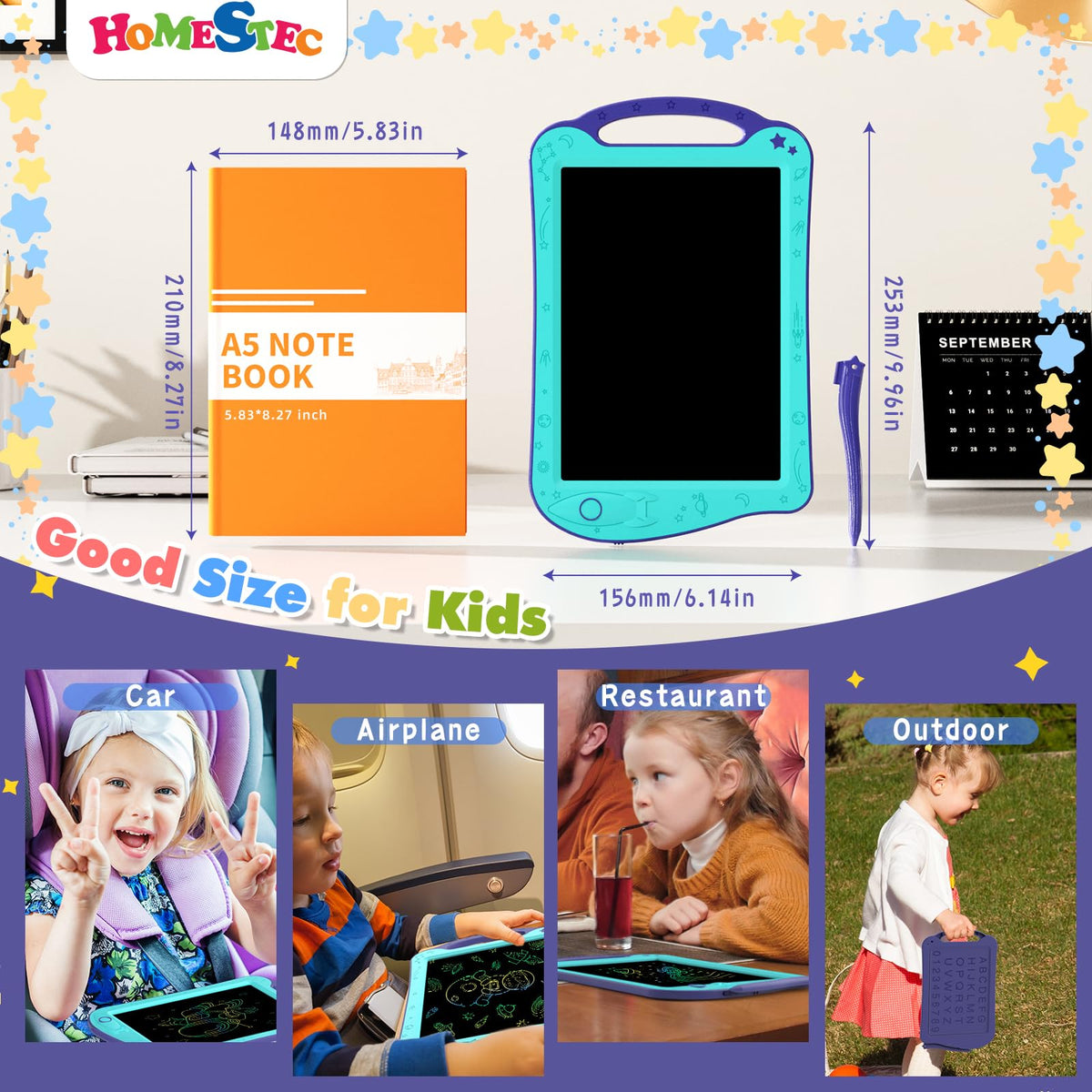 HOMESTEC Astrodraw eyesafe design protects young eyes during screen-free drawing.