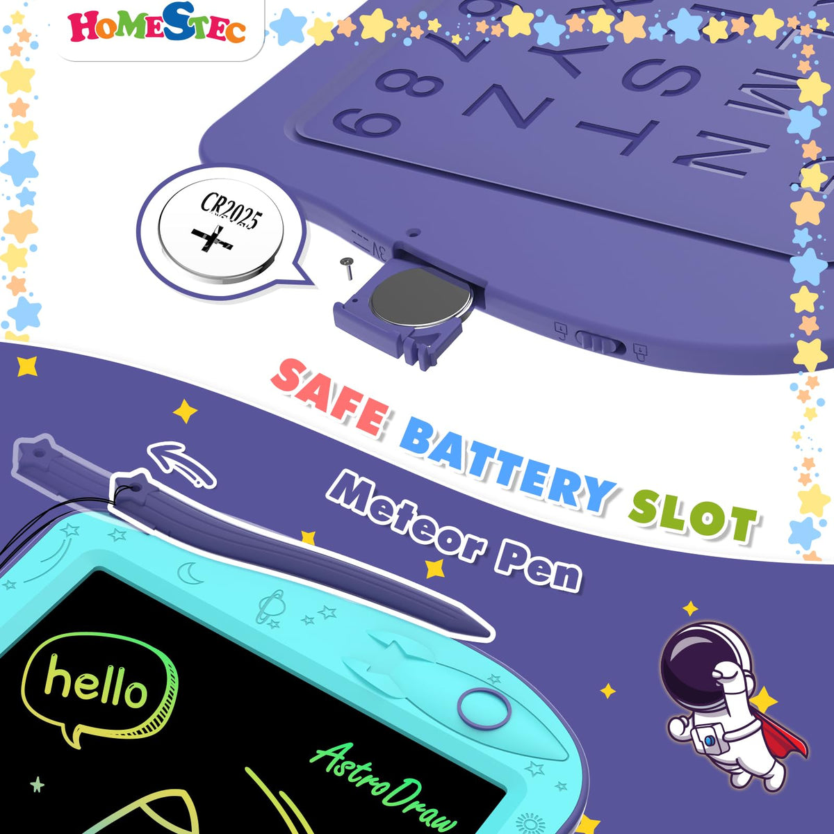 HOMESTEC Astrodraw rocket erase button enables quick, mess-free resets.