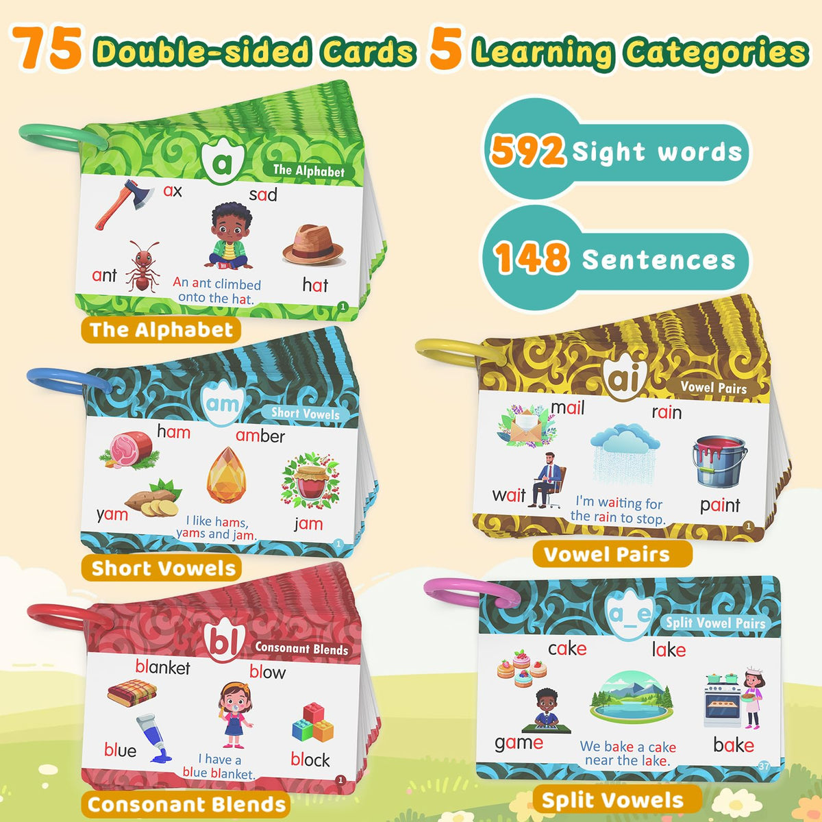 Homestec color-coded phonics cards use color cues to guide learning progress.