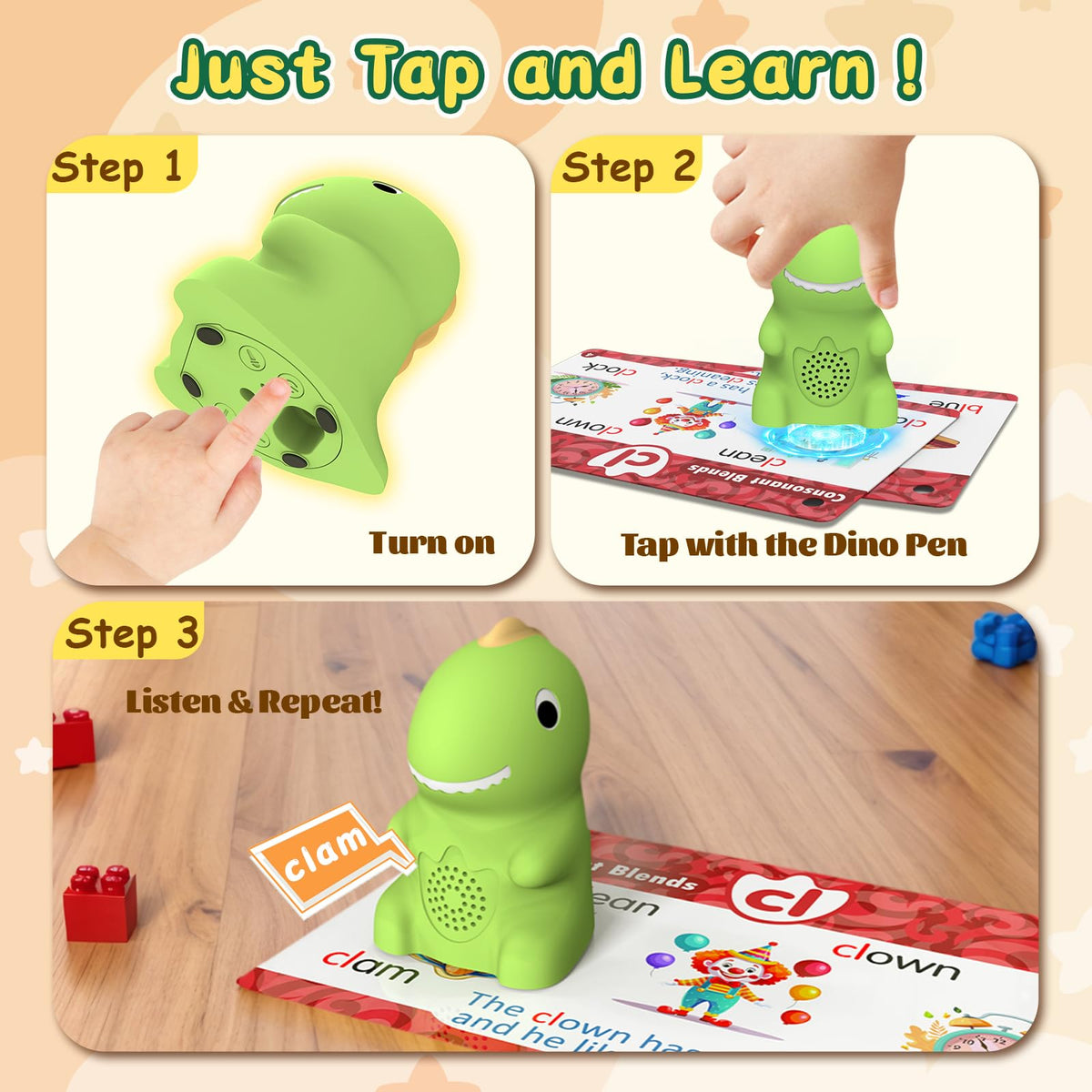 Homestec tap-to-read stickers featuring fruits and animals enhance tactile learning.