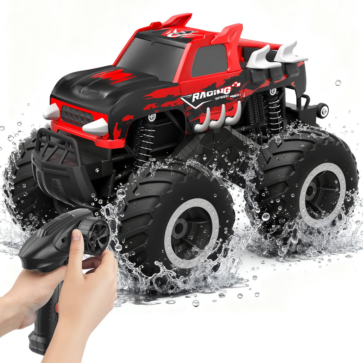 HOMETALL Amphibious RC car front view highlights rugged all-terrain performance