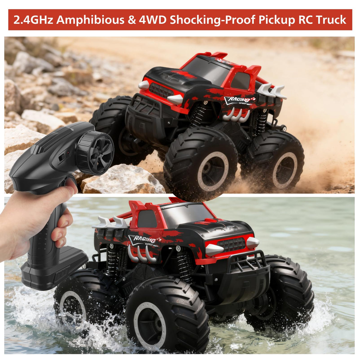 HOMETALL Amphibious RC car navigates water puddles demonstrating amphibious capability