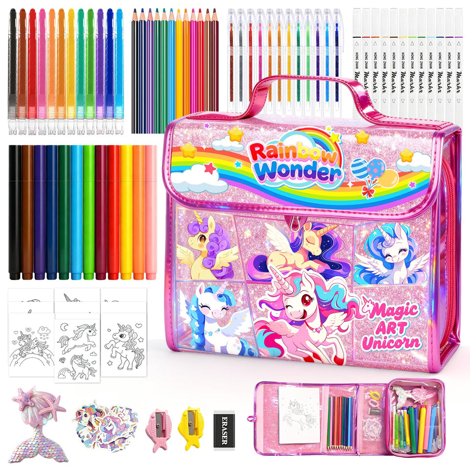 Homicozy unicorn travel coloring set in a compact bag for on-the-go creativity.