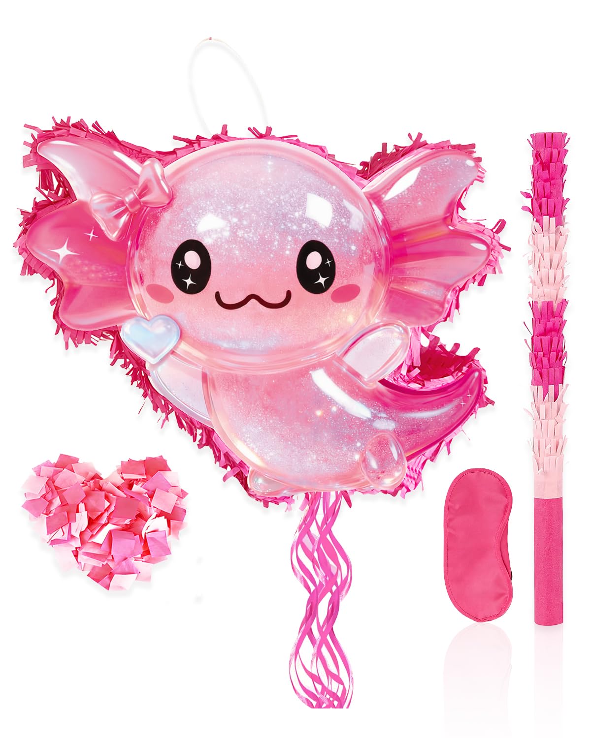 Homie Finds axolotl pinata in pink glitter, a whimsical party centerpiece.