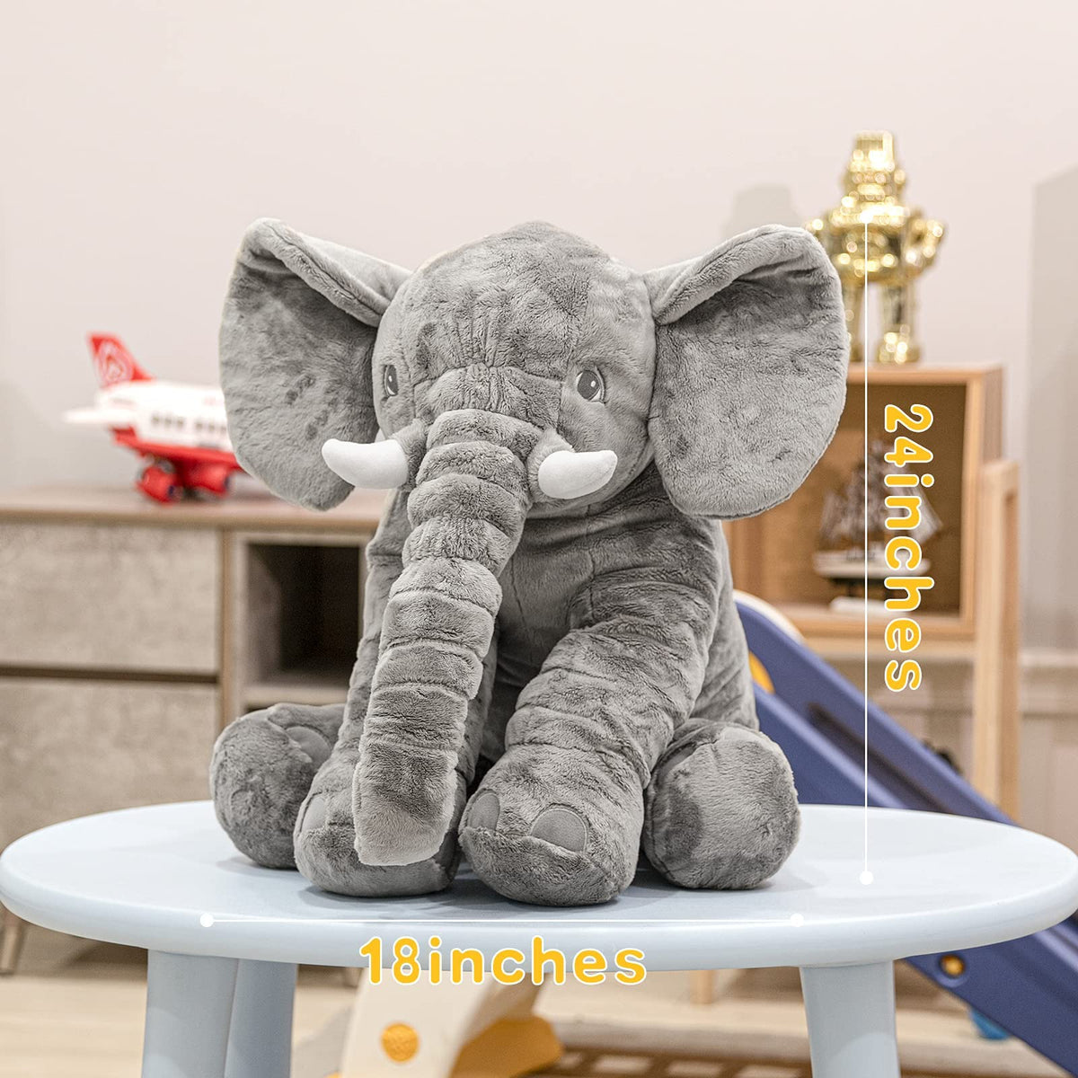 Homily 24-inch blue elephant bedtime companion for kids and adults.