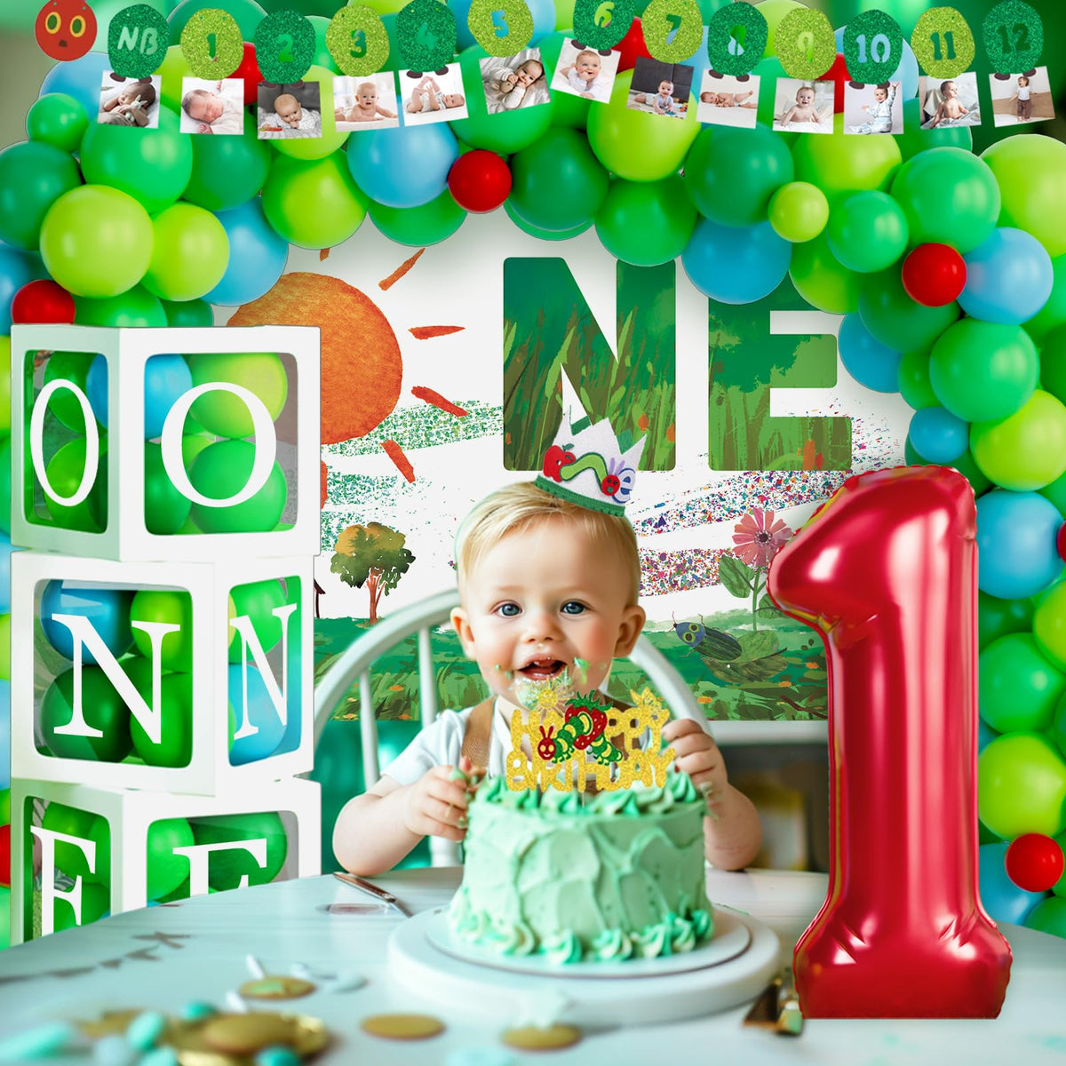 Homond caterpillar cake topper ties the theme together with whimsy.