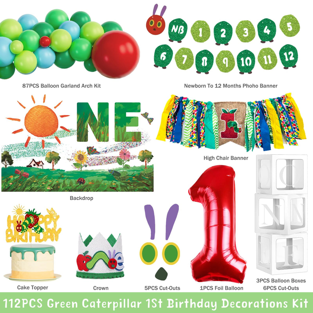 Homond green caterpillar backdrop creates a photo-worthy focal point for memories.