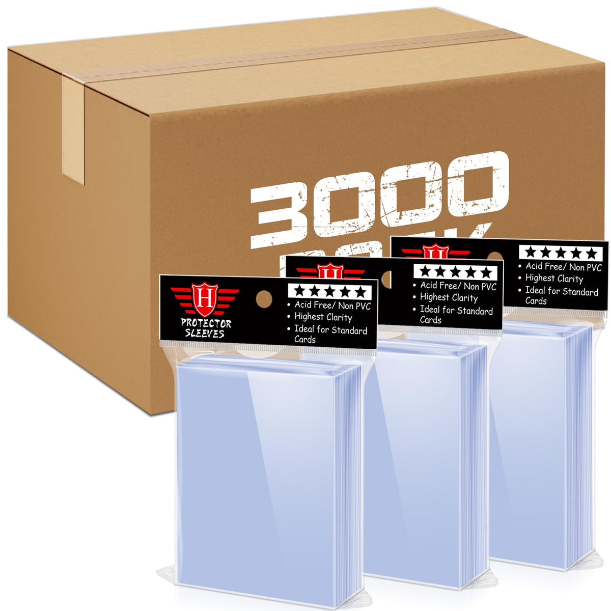 Homthy 3000-count card sleeves pack front view for bulk protection and easy organization.