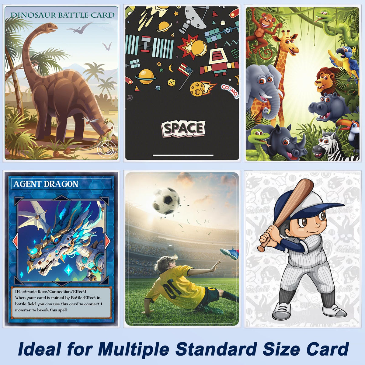 Homthy football baseball MTG sleeves with cards demonstrate wide compatibility.