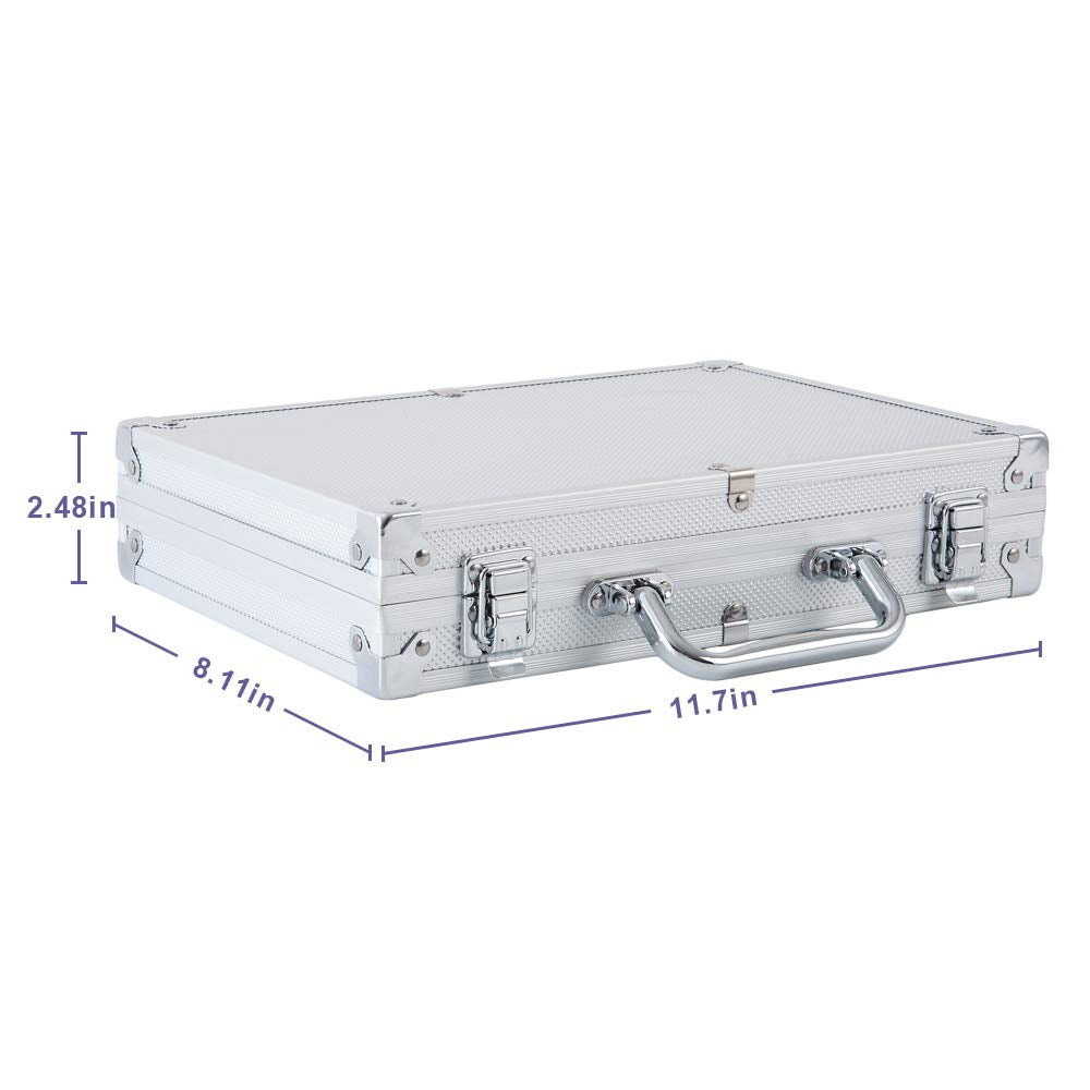 Open aluminum case showing organized chip tray and protective lining
