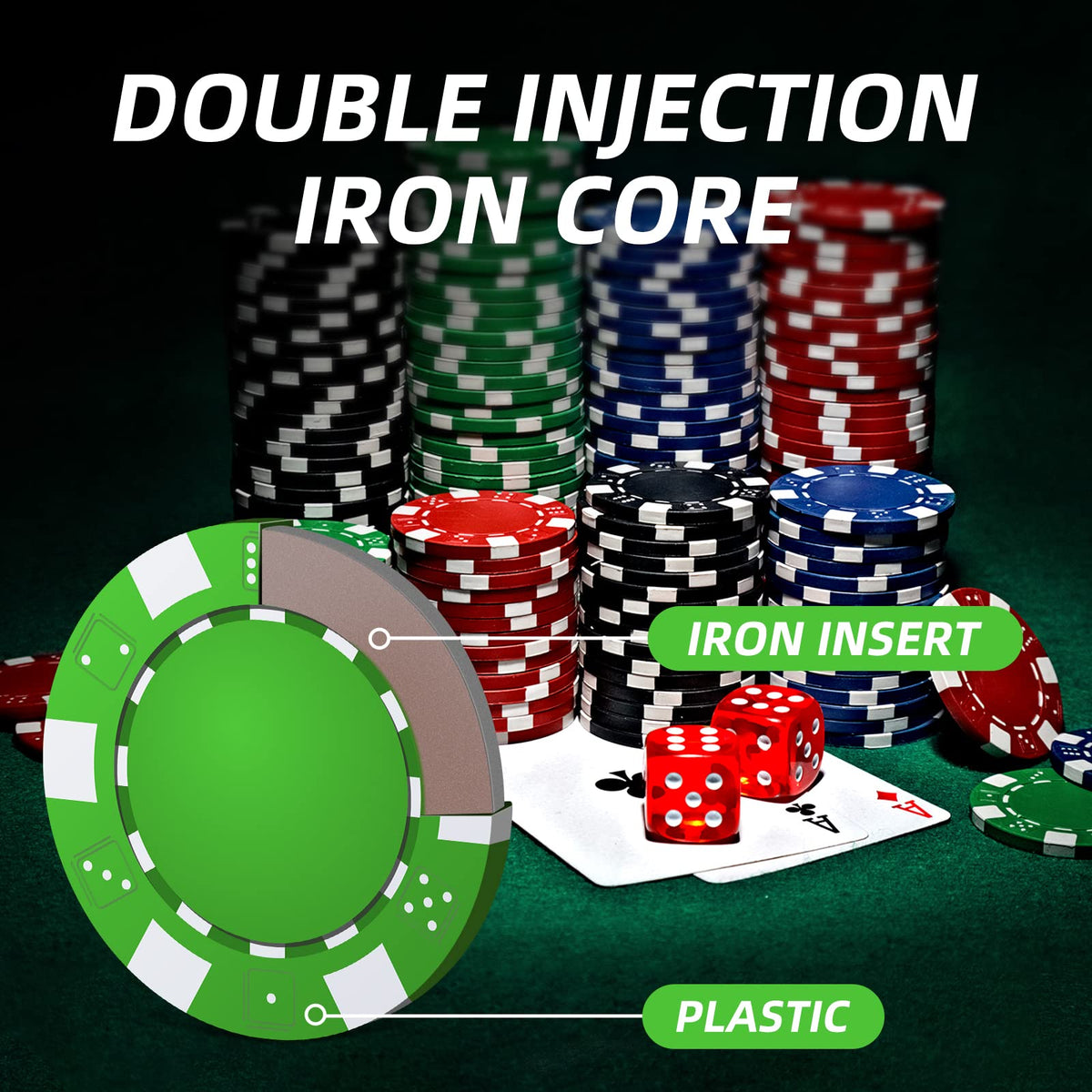 Close up of Homwom chips showing casino style design and weight