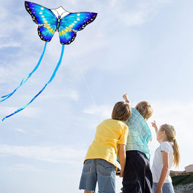Honbo butterfly kite family on a beach outing enjoying kite flying