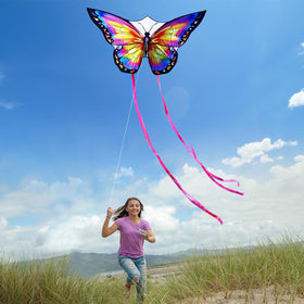 Honbo butterfly kite pink and blue colors visible during flight