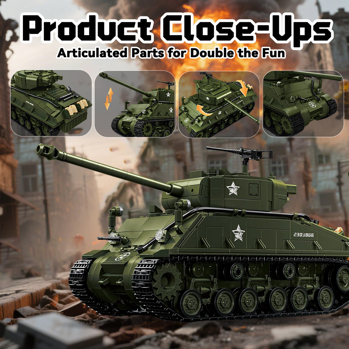 Honchoes M4 Sherman crew figures enhance the diorama display.