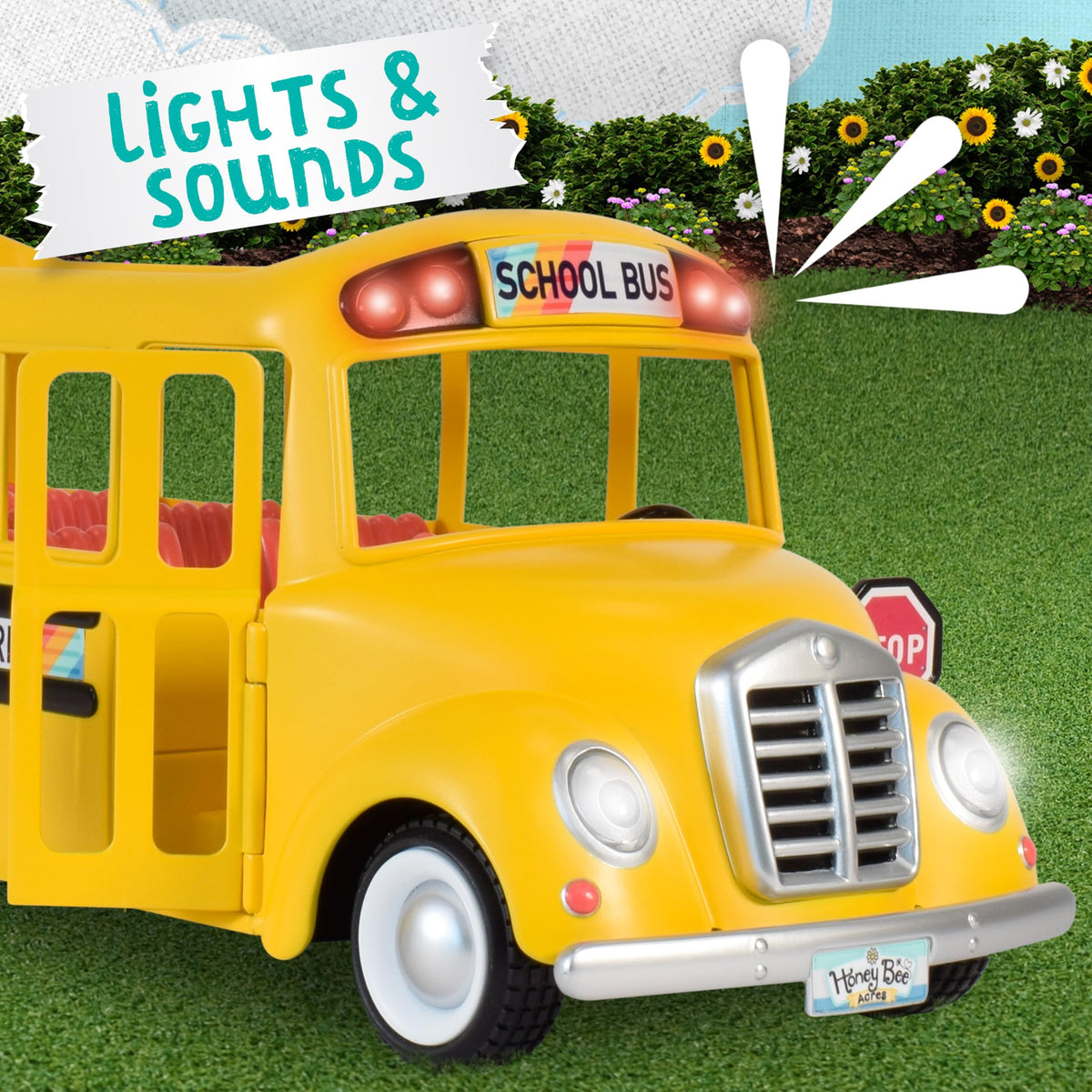 Honey Bee Acres School Bus opens front and rear doors for boarding moments.