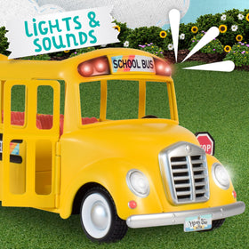 Honey Bee Acres School Bus opens front and rear doors for boarding moments.
