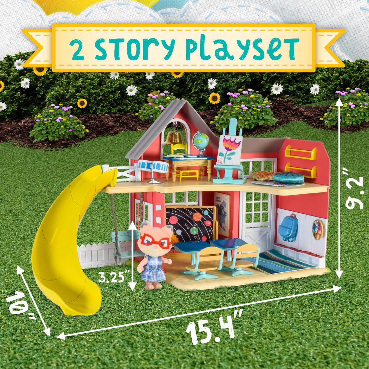 Honey Bee Acres Sunshine Meadow chalkboard enables pretend lessons and daily storytelling.