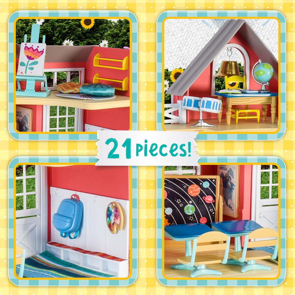 Sunshine Meadow School desks and easel setup supports collaborative pretend lessons.