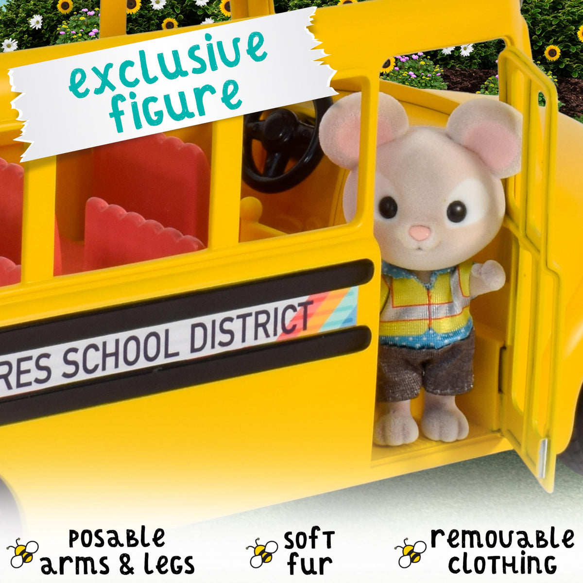 Honey Bee Acres Sunshine School Bus driver figure Mr. Squeak enhances role-play on the road.