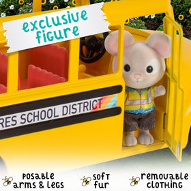 Honey Bee Acres Sunshine School Bus driver figure Mr. Squeak enhances role-play on the road.