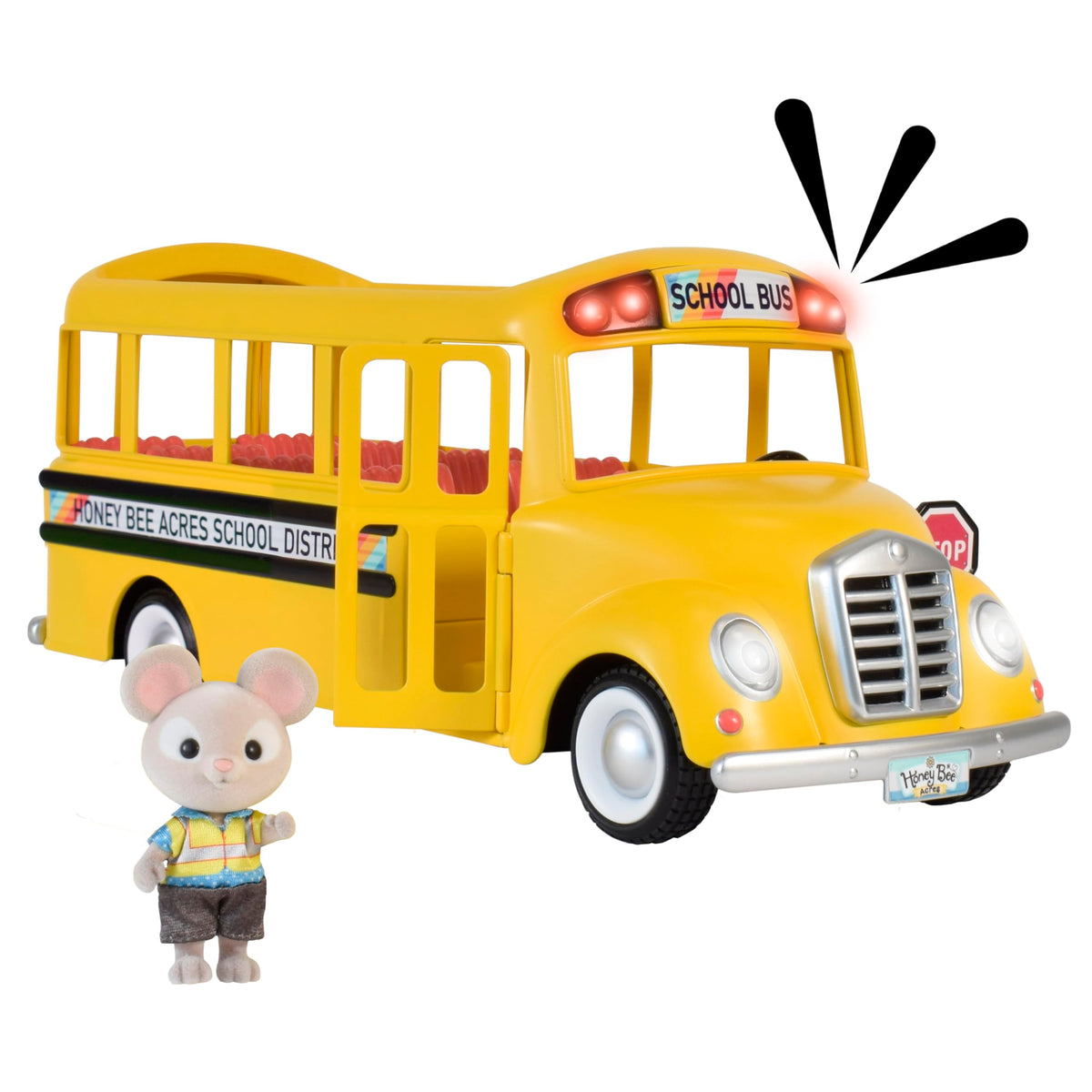 Honey Bee Acres Sunshine School Bus lights illuminate pretend play for ages 3 and up.