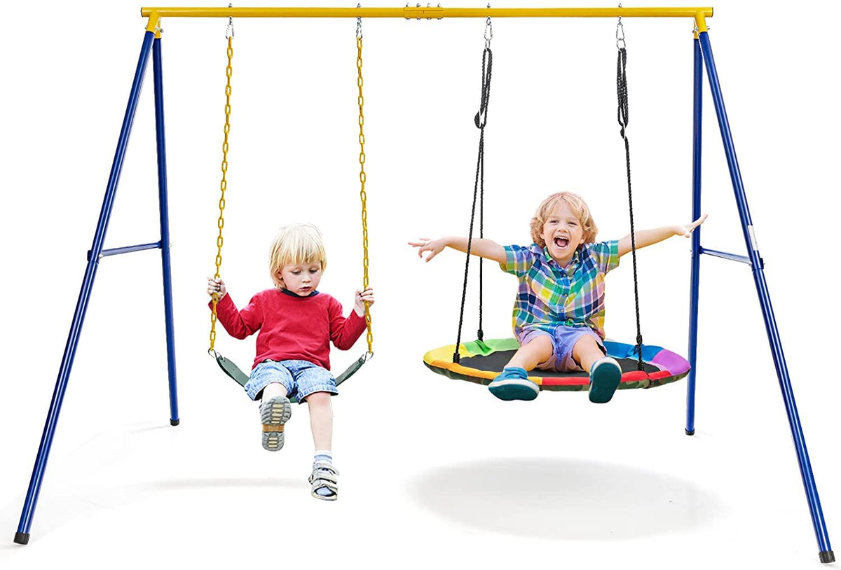 Honey Joy 660lbs two-seat swing frame shows a sturdy steel structure for backyard play