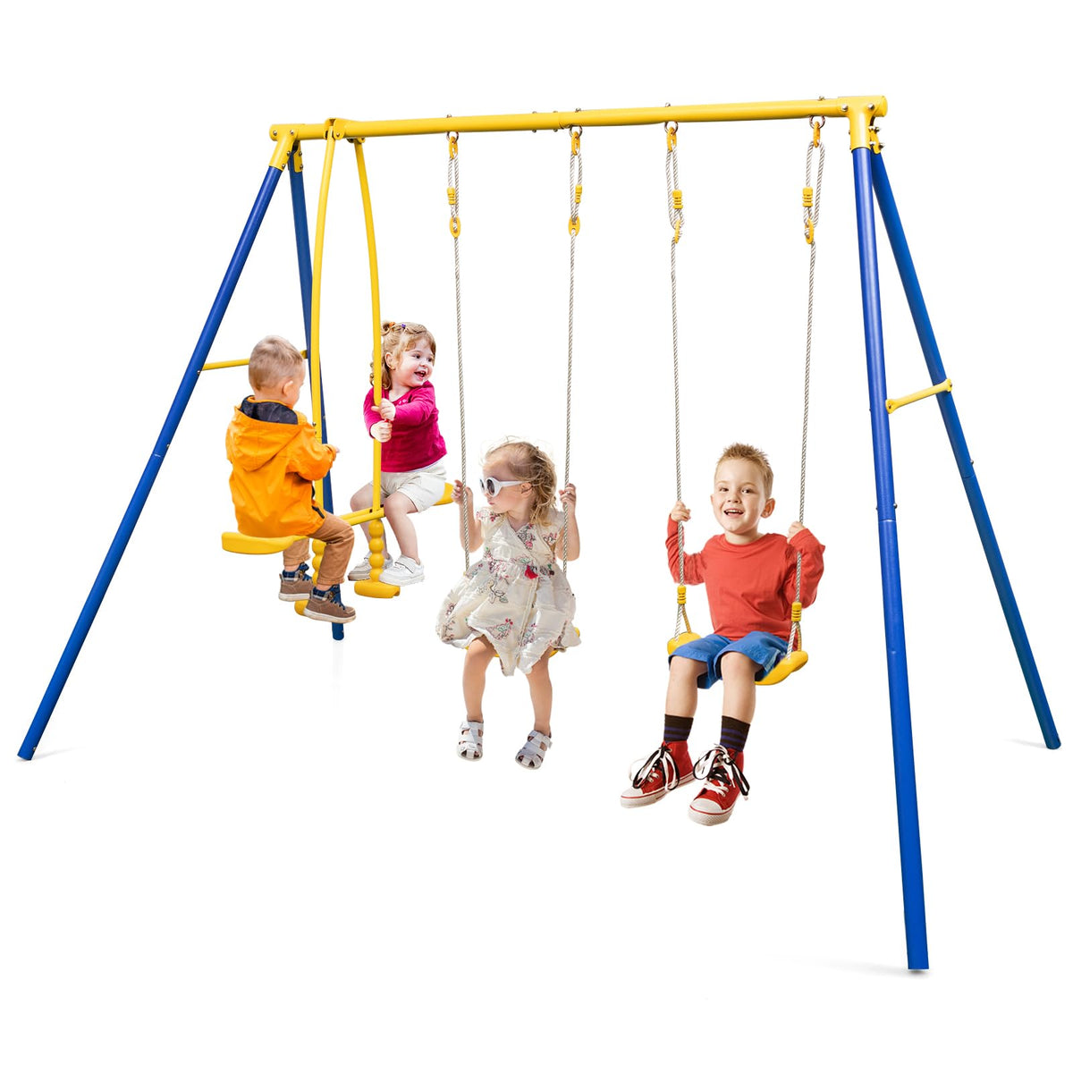 HONEY JOY backyard swing stand in a sunny yard shows a durable metal frame for safe outdoor play
