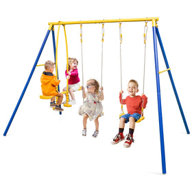 HONEY JOY backyard swing stand in a sunny yard shows a durable metal frame for safe outdoor play