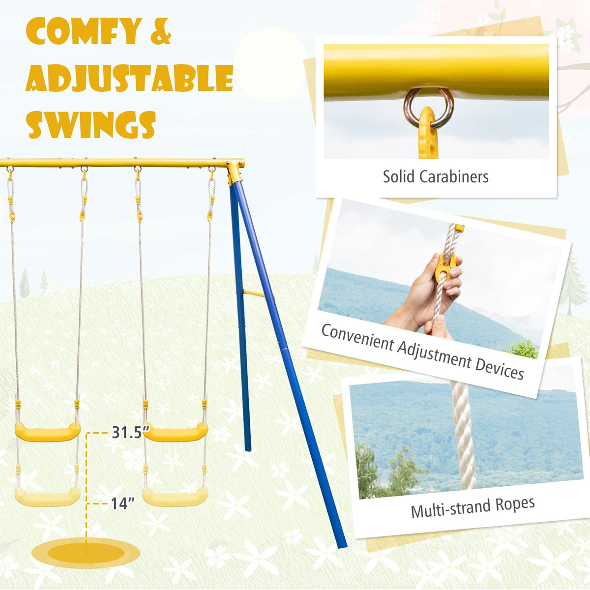 HONEY JOY ground-stakes add stability to the swing set on the lawn