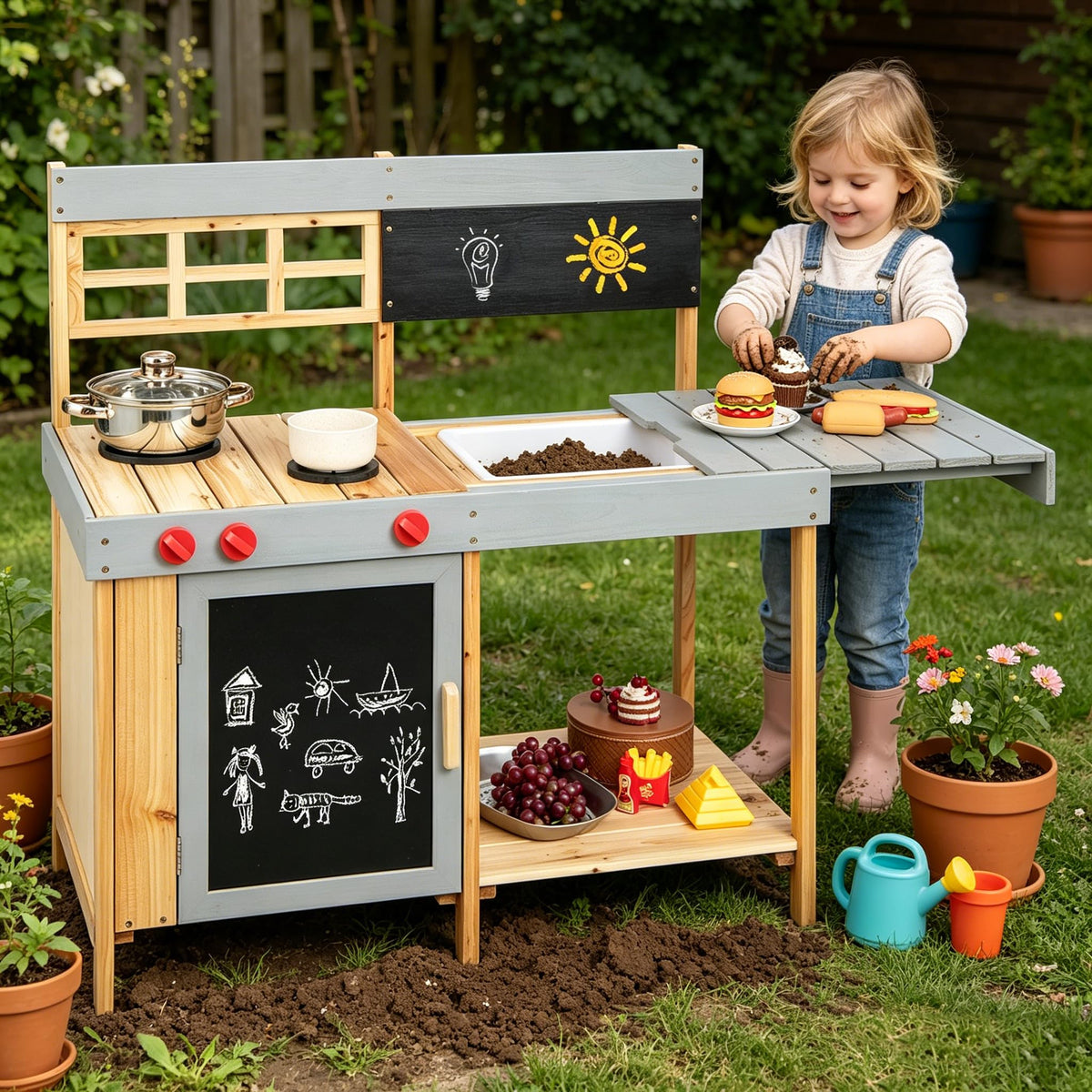 Honey Joy Mud Kitchen outdoor setup shows a spacious play area for muddy pretend cooking.