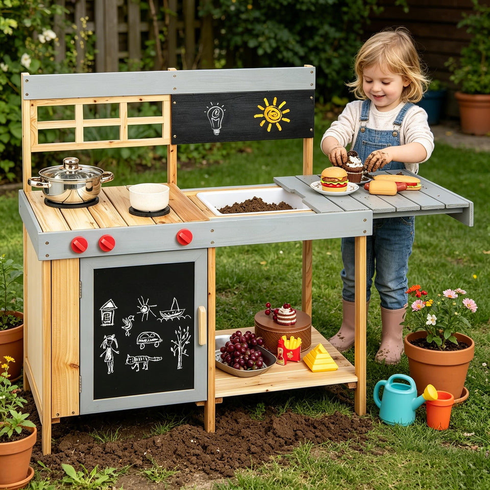 Honey Joy Mud Kitchen outdoor setup shows a spacious play area for muddy pretend cooking.