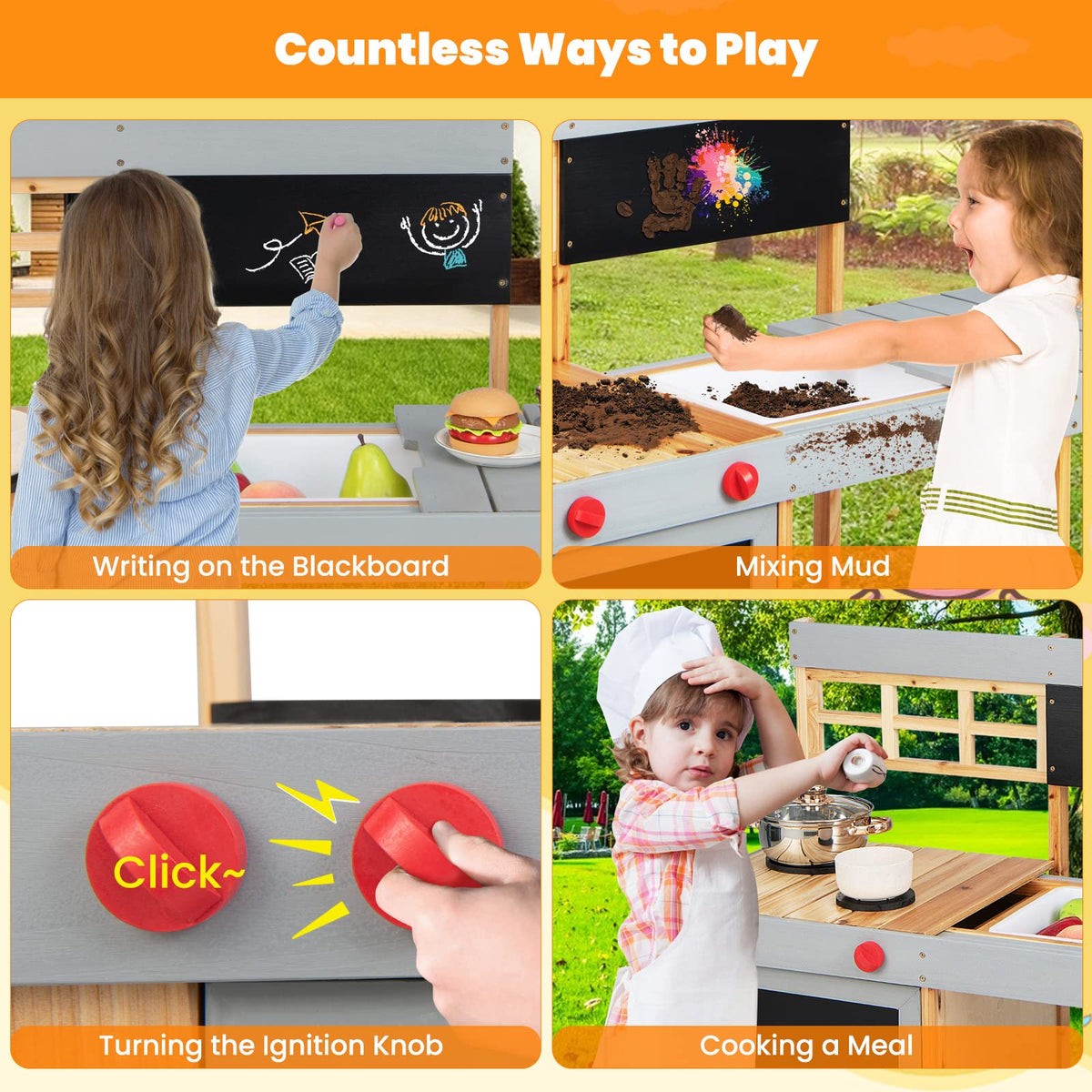 Honey Joy Mud Kitchen removable sink lets kids rinse pretend dishes after a muddy session.