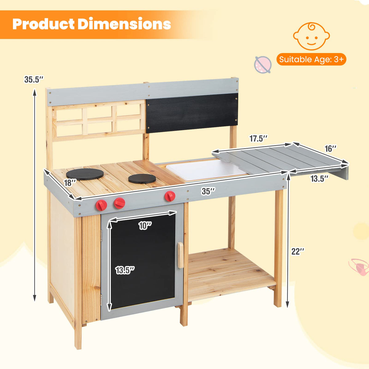 Honey Joy Mud Kitchen sturdy fir wood offers durable outdoor use for adventures.