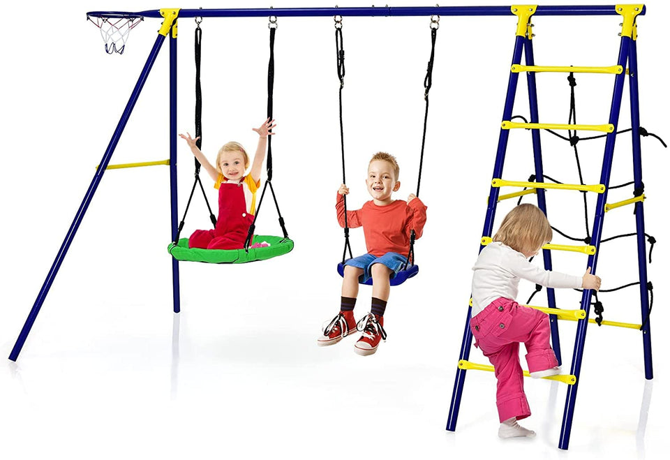HONEY JOY 550lbs swing set in backyard, sturdy A-frame ready for playtime.