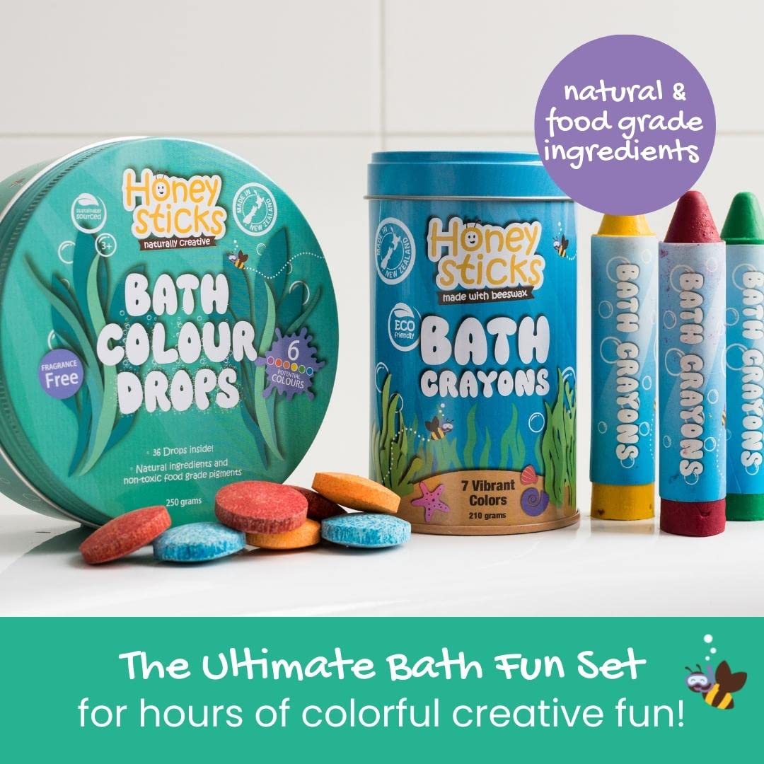 Honeysticks bath color drops swirling into water to reveal bright hues.