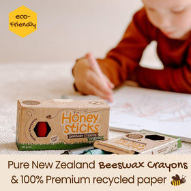 Honeysticks beeswax crayons with ergonomic shape for easy grip by small hands.