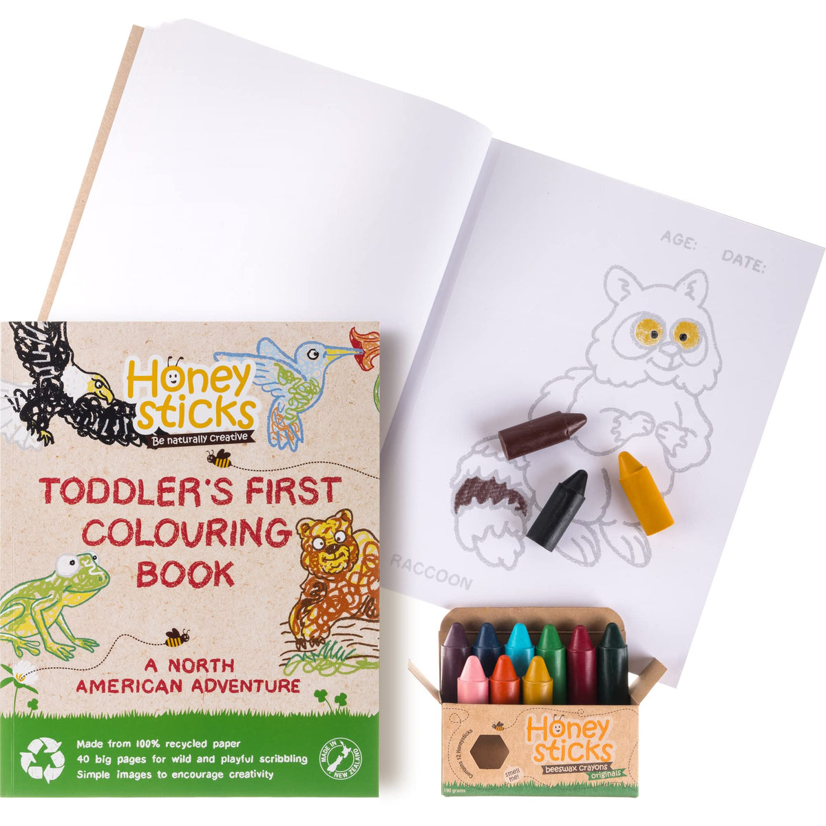 Honeysticks beeswax crayons pack cover showing natural colors for safe toddler art.