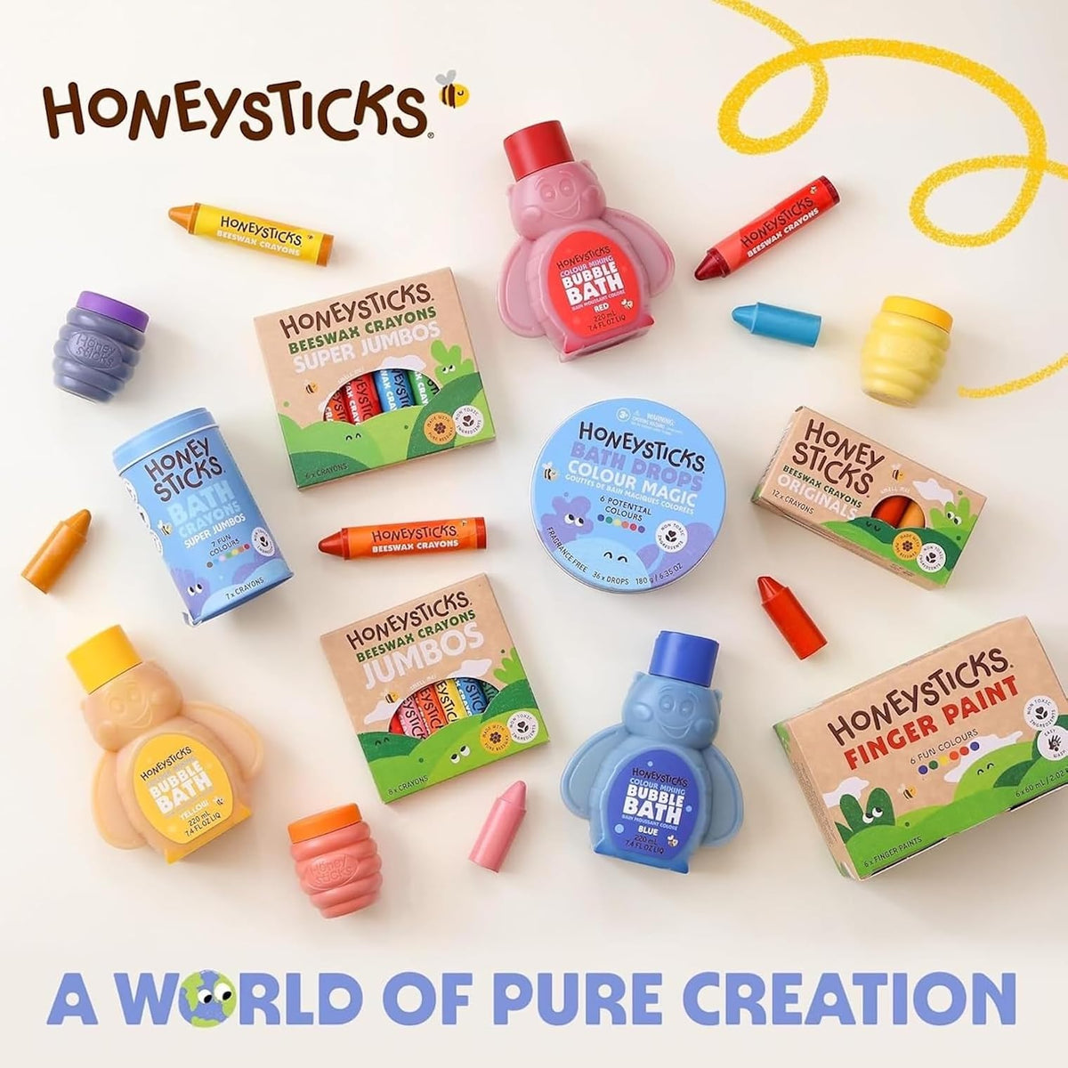 Child smiles while coloring with a large Honeysticks crayon.