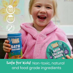 Color drops fizz and change bath water for a playful learning moment.