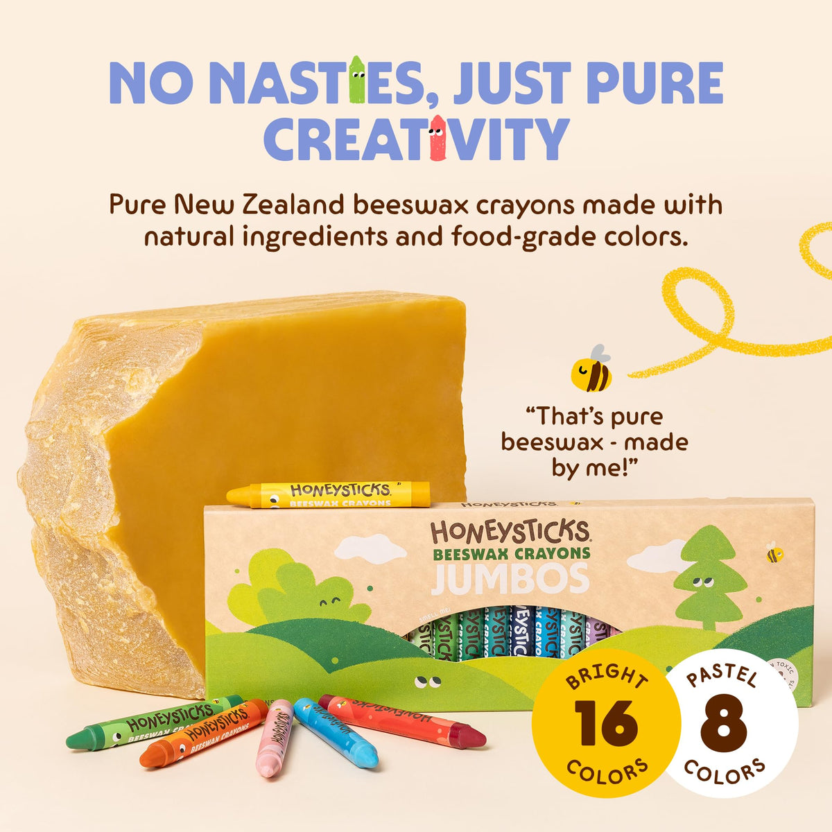 Honeysticks Jumbo Crayons 24-pack color swatches highlighting vibrant, non-toxic color options