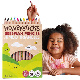Honeysticks jumbo triangle pencils pack front showing safe non toxic beeswax core for toddlers