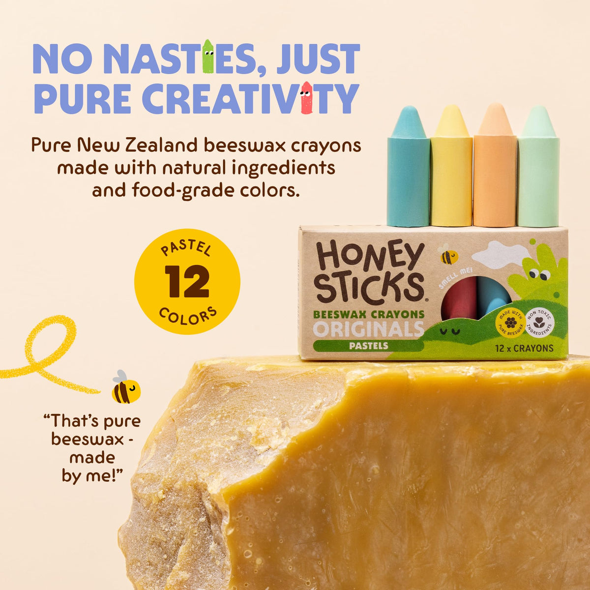 Honeysticks natural beeswax crayons showing purity and a mild beeswax scent