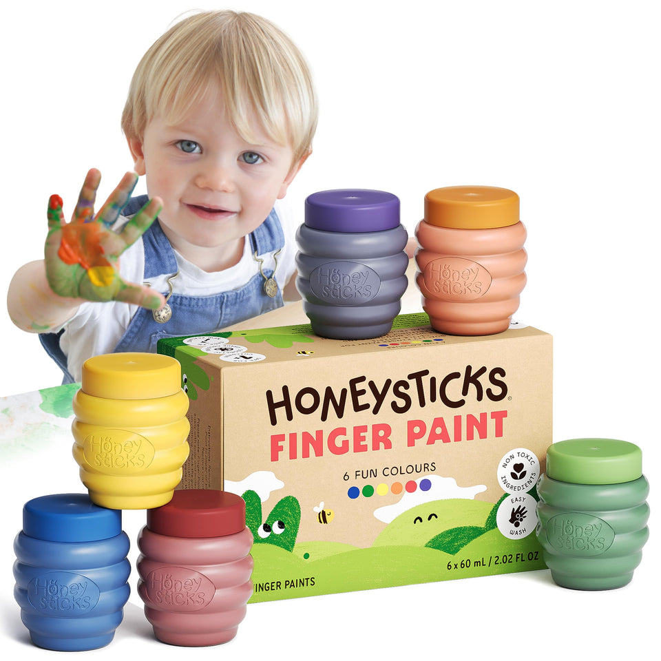 Honeysticks non-toxic finger paint set with six bright colors in pots for safe toddler art