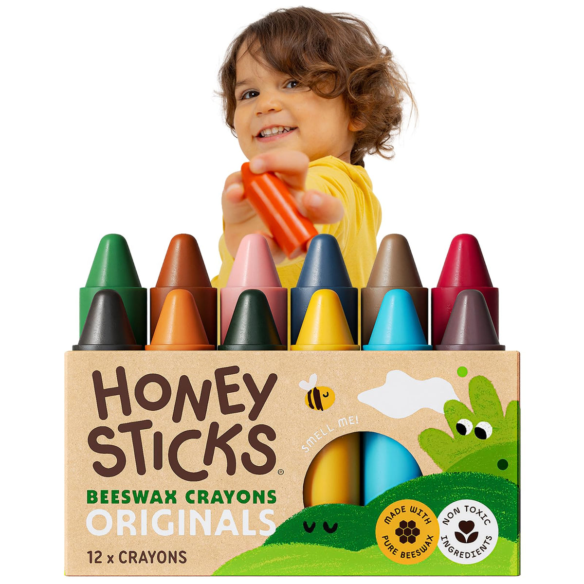 Honeysticks 12-pack beeswax crayons with natural scent for creative play with toddlers.