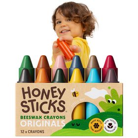 Honeysticks 12-pack beeswax crayons with natural scent for creative play with toddlers.