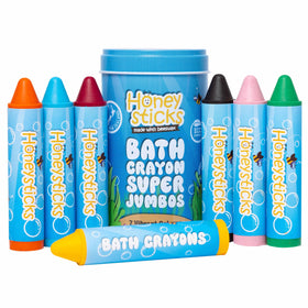 Honeysticks jumbo bath crayons in tub create colorful bath art.