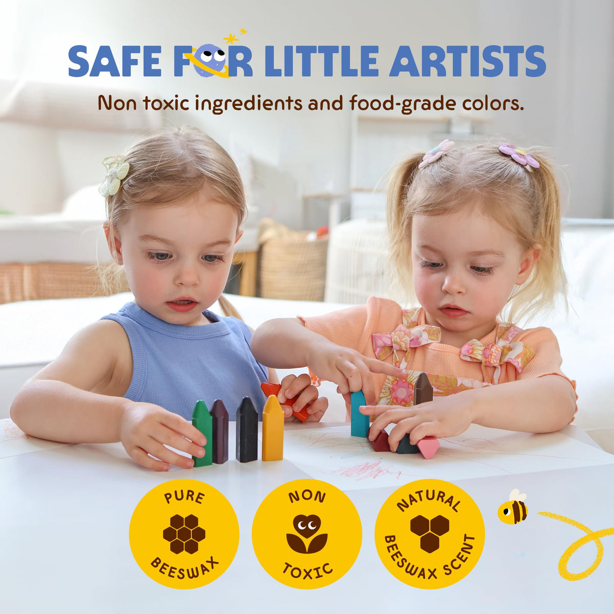 Honeysticks Triangular Crayons beeswax scent photo emphasizes natural, residue-free coloring experience.