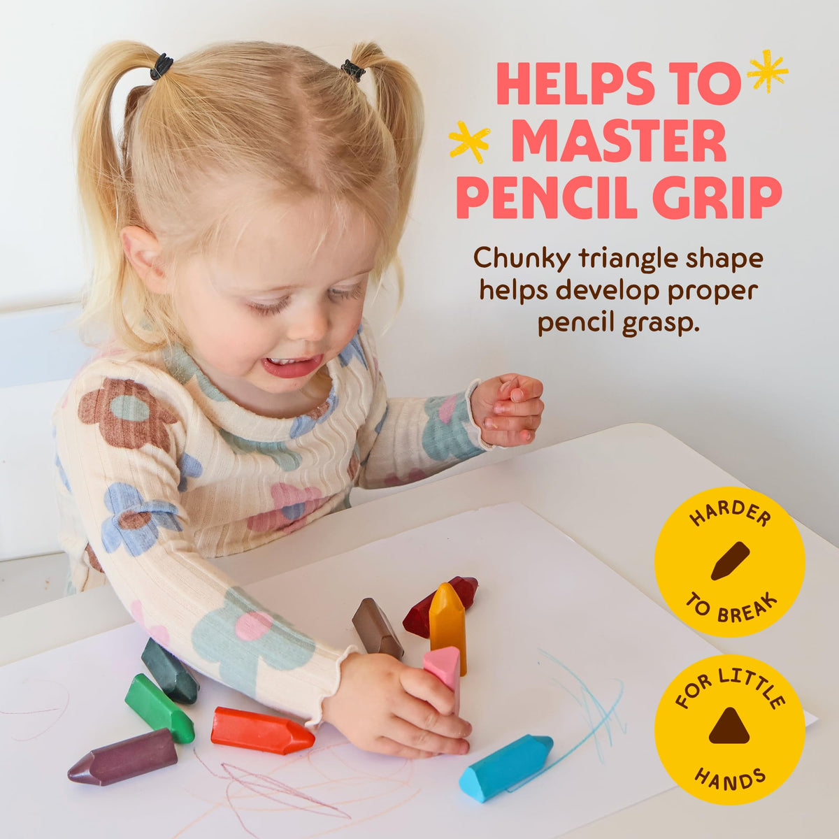 Honeysticks Triangular Crayons child holding demonstrates easy grip for tiny hands.