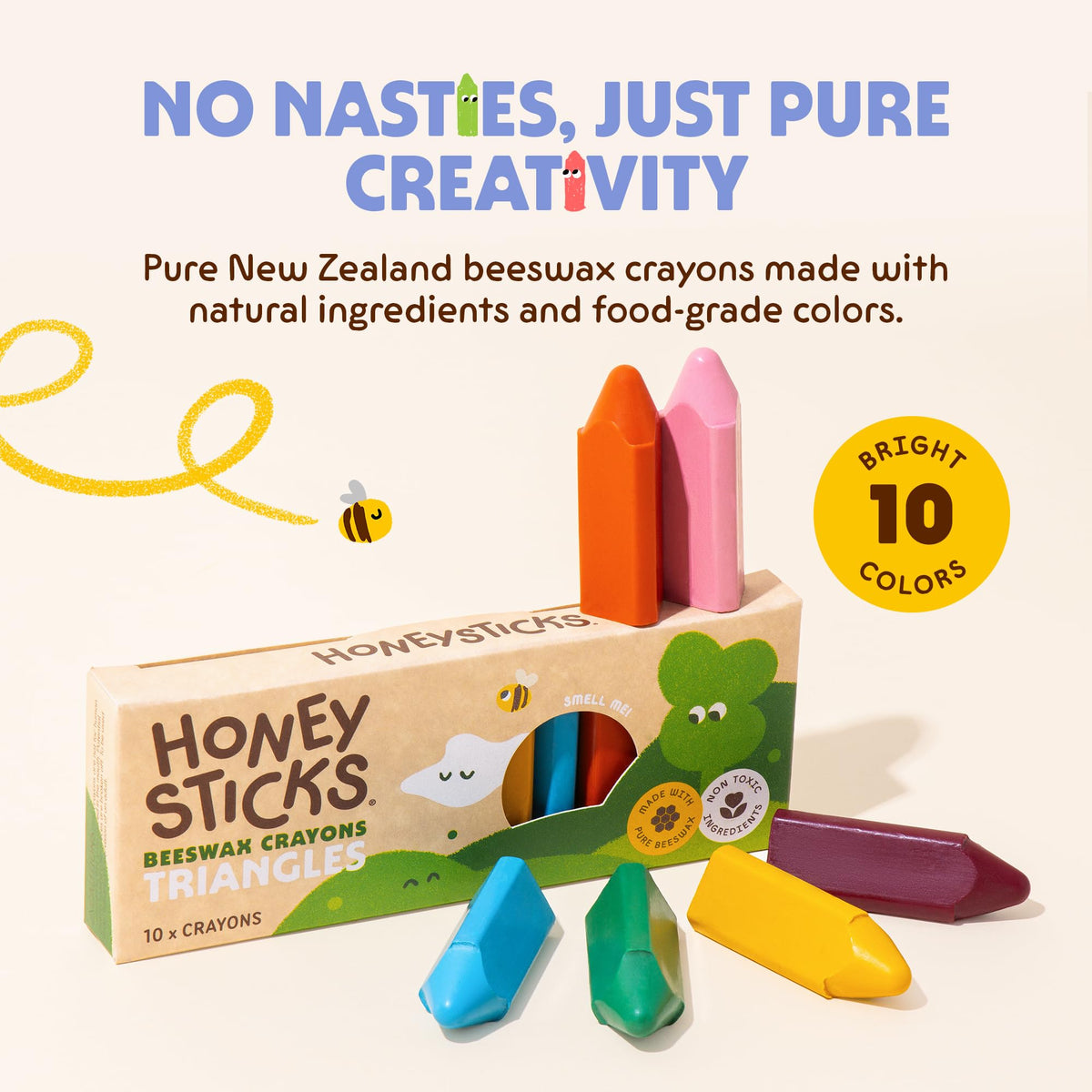 Honeysticks Triangular Crayons color palette close-up highlights vibrant, food-grade pigments for playful art.