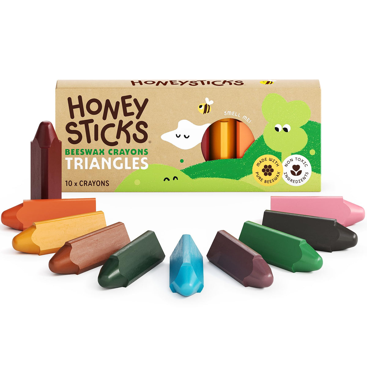 Honeysticks Triangular Crayons pack cover shows NZ-made, non-toxic coloring for safe toddler coloring.